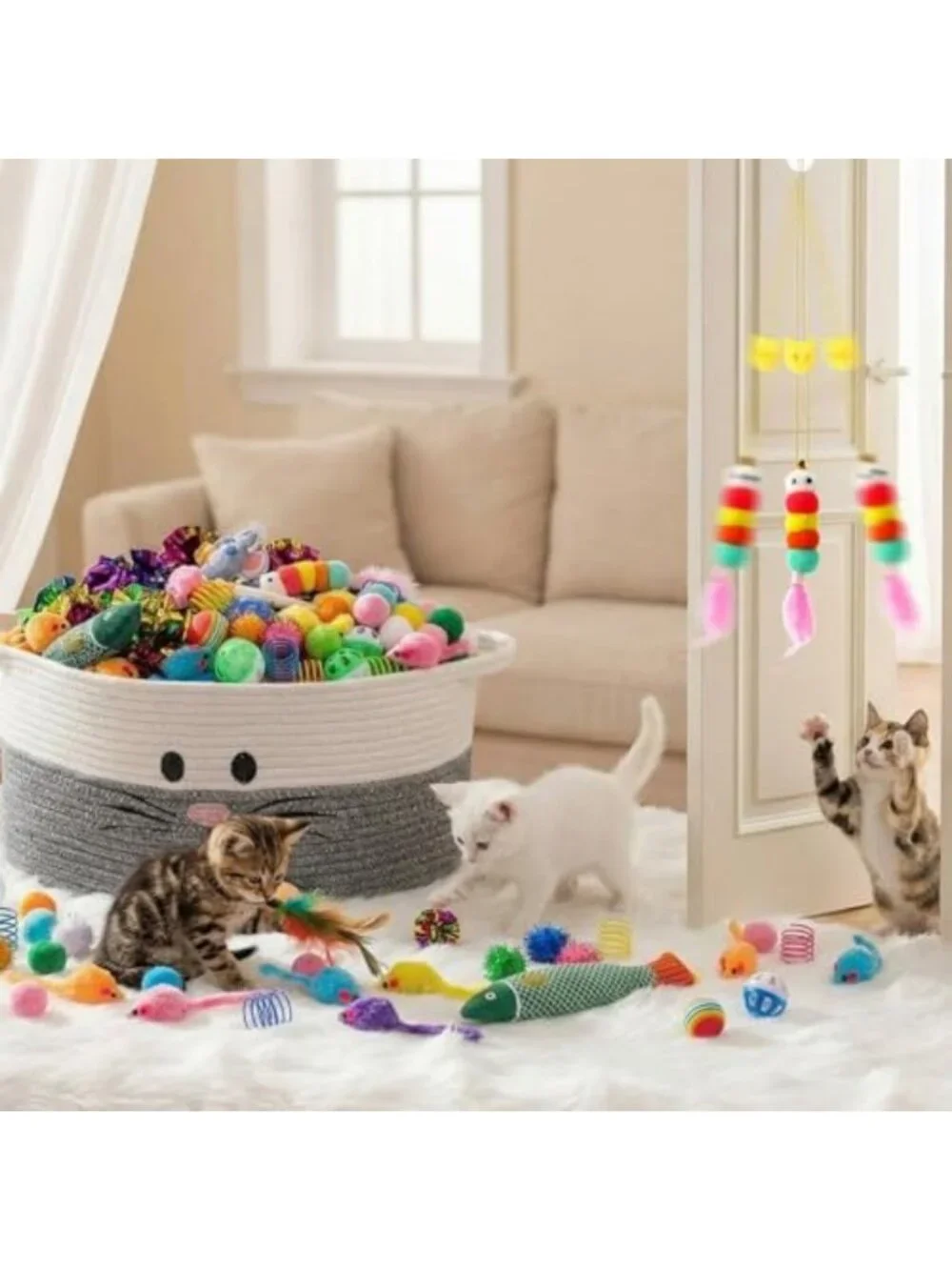 Colorful Cat Toy Set with Storage Basket - 100 Pcs Interactive Toys for Kittens
